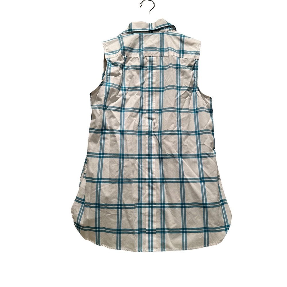 Lands End Sleeveless Supima Cotton Plaid Button Front Shirt Size 4 Turquoise - Picture 2 of 5